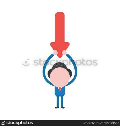 Vector illustration of businessman character holding up red arrow icon pointing down.