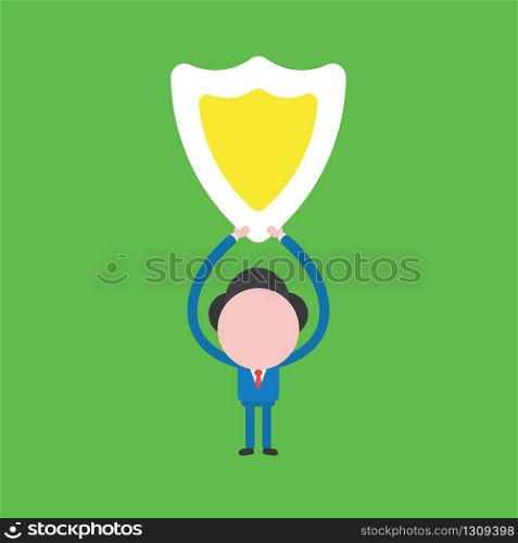 Vector illustration of businessman character holding up shield guard.