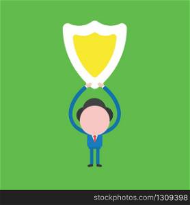 Vector illustration of businessman character holding up shield guard.