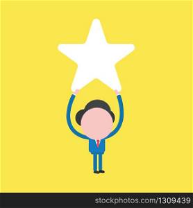 Vector illustration of businessman character holding up star icon.