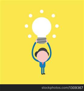 Vector illustration of businessman character lifting up and showing glowing light bulb icon.