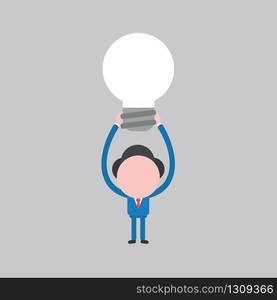 Vector illustration of businessman character lifting up and showing light bulb icon.