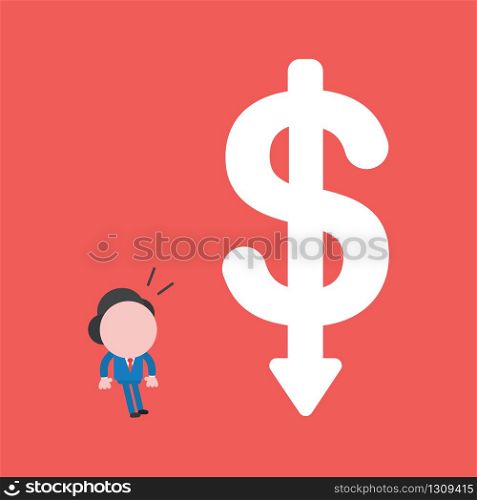 Vector illustration of businessman character looking big dollar symbol with arrow moving down.