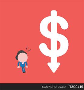 Vector illustration of businessman character looking big dollar symbol with arrow moving down.