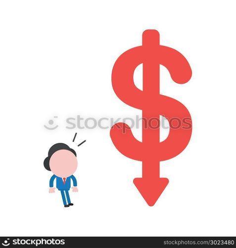 Vector illustration of businessman character looking big red dollar symbol with arrow moving down.
