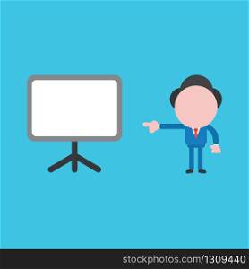 Vector illustration of businessman character pointing blank presentation board.