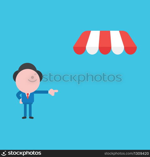 Vector illustration of businessman character pointing shop store awning.