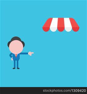 Vector illustration of businessman character pointing shop store awning.
