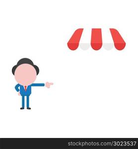 Vector illustration of businessman character pointing shop store awning icon