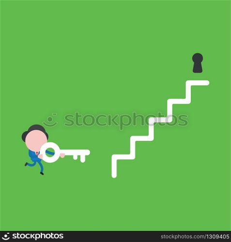 Vector illustration of businessman character running and carrying key to keyhole at top of stairs to unlock.