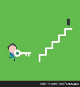 Vector illustration of businessman character running and carrying key to keyhole at top of stairs to unlock.