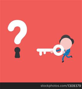 Vector illustration of businessman character running and carrying key to unlock question mark keyhole.