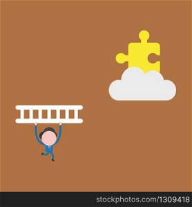 Vector illustration of businessman character running and carrying wooden ladder to climb and reach missing puzzle piece on cloud.