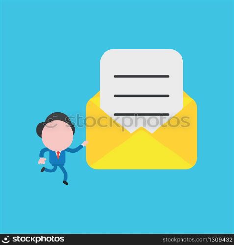Vector illustration of businessman character running and holding open enveope icon with written paper.
