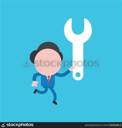 Vector illustration of businessman character running and holding spanner.