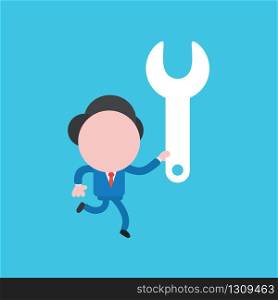 Vector illustration of businessman character running and holding spanner.