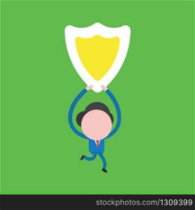 Vector illustration of businessman character running and holding up shield guard.