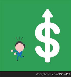 Vector illustration of businessman character running away from big dollar with arrow moving up.