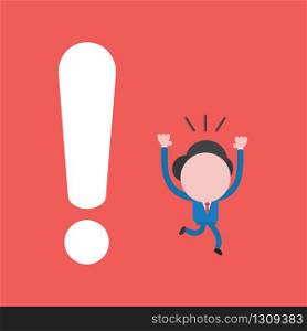 Vector illustration of businessman character running away from big exclamation mark.