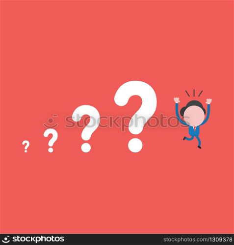 Vector illustration of businessman character running away from question marks, problems growing.