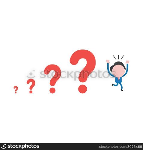 Vector illustration of businessman character running away from red question mark icons, problems growing.