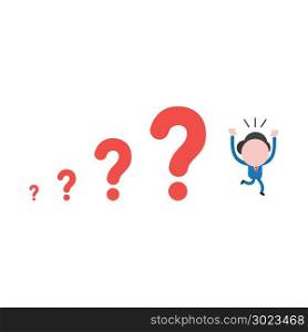 Vector illustration of businessman character running away from red question mark icons, problems growing.