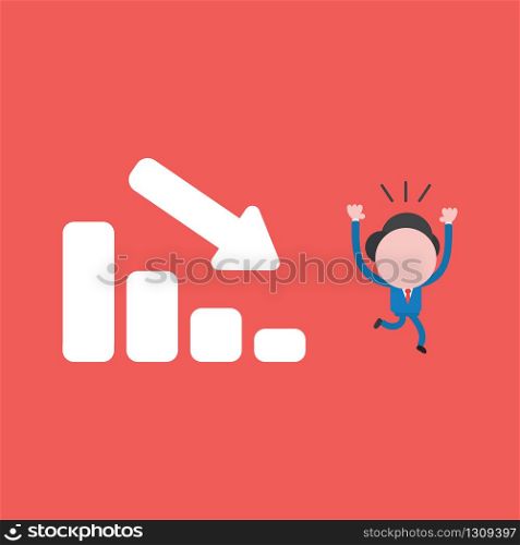 Vector illustration of businessman character running away from sales bar chart icon moving down.