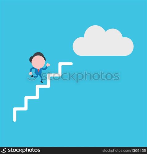 Vector illustration of businessman character running on stairs to reach cloud.
