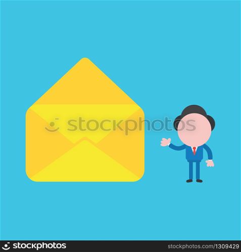 Vector illustration of businessman character showing open envelope icon without paper.