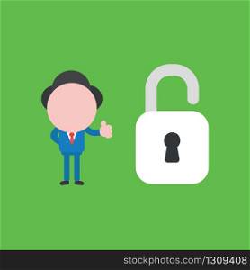 Vector illustration of businessman character showing thumbs up with open padlock.