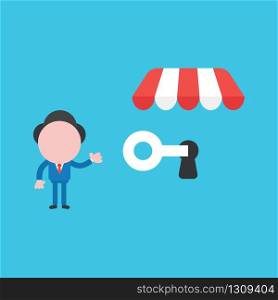 Vector illustration of businessman character showing unlock shop store with key.