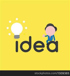 Vector illustration of businessman character sitting on idea word with glowing light bulb icon and giving thumbs up.