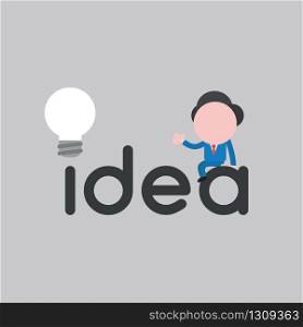 Vector illustration of businessman character sitting on idea word with light bulb.