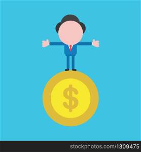 Vector illustration of businessman character standing on dollar coin.