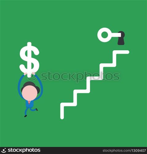 Vector illustration of businessman character unlock keyhole at top of stairs with key and running and holding up dollar.