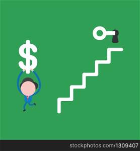 Vector illustration of businessman character unlock keyhole at top of stairs with key and running and holding up dollar.