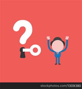 Vector illustration of businessman character unlock question mark keyhole with key.
