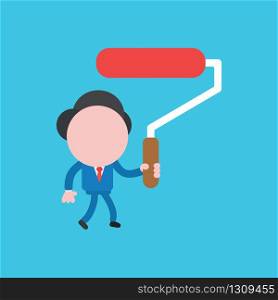 Vector illustration of businessman character walking and holding paint roller brush.