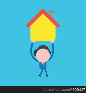 Vector illustration of businessman character walking, holding up, carrying house icon.