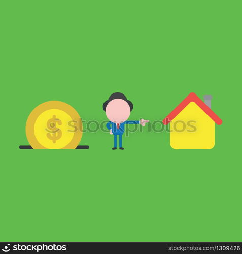 Vector illustration of businessman character with dollar coin into moneybox, saving money and pointing buying house.