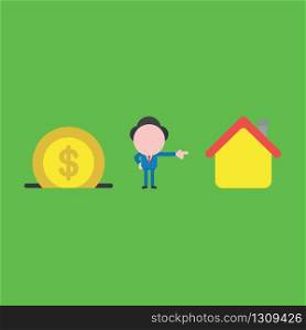 Vector illustration of businessman character with dollar coin into moneybox, saving money and pointing buying house.