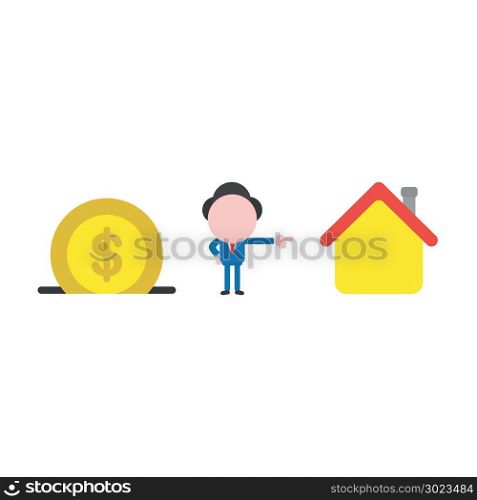 Vector illustration of businessman character with dollar coin into moneybox, saving money and pointing buying house.