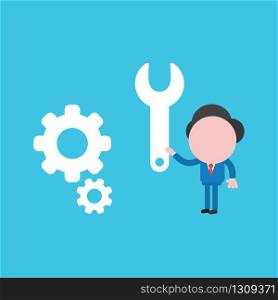 Vector illustration of businessman character with gears and holding spanner icon to repair.