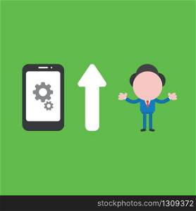 Vector illustration of businessman character with gears inside smartphone icon and arrow pointing up meaning improve performance.