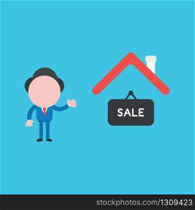 Vector illustration of businessman character with house and sale word written on hanging sign icon.