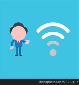 Vector illustration of businessman character with low, poor wifi wireless signal.