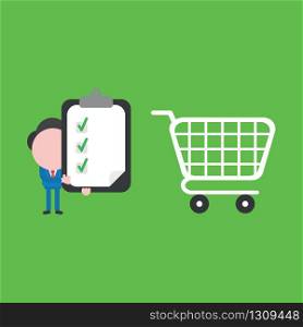 Vector illustration of businessman character with shopping cart and holding clipboard with paper and three check marks.