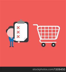 Vector illustration of businessman character with shopping cart and holding clipboard with paper and three red x marks.