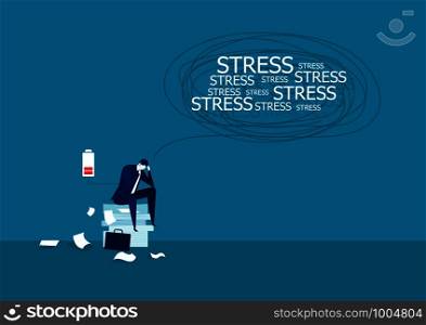 Vector illustration of businessman under stress on many paper.