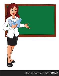 Vector illustration of businesswoman with a file, pointing at board in office.